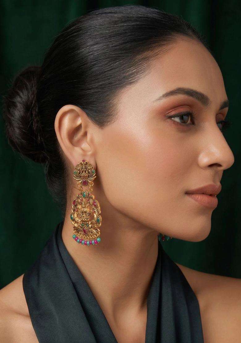 Gold-Plated Teardrop Shaped Drop Earrings for Women | Traditional Temple Jewellery for Wedding & Festive Wear | Gift for Her - Indya