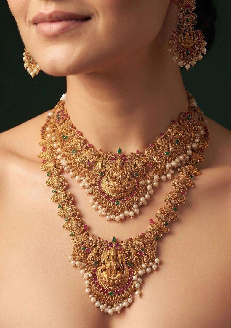 Gold-Plated Temple Pearl Necklace and Earrings for Women | Traditional Temple Jewellery for Wedding & Festive Wear | Gift for Her - Indya