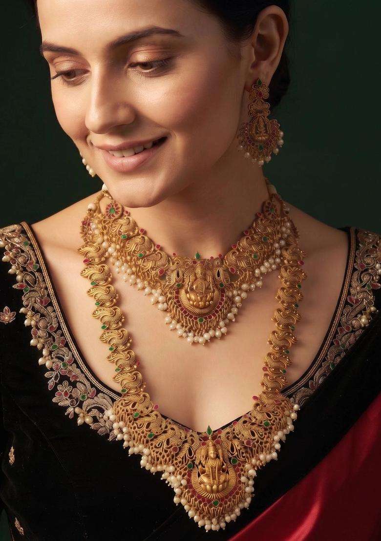Gold-Plated Temple Pearl Necklace and Earrings for Women | Traditional Temple Jewellery for Wedding & Festive Wear | Gift for Her - Indya