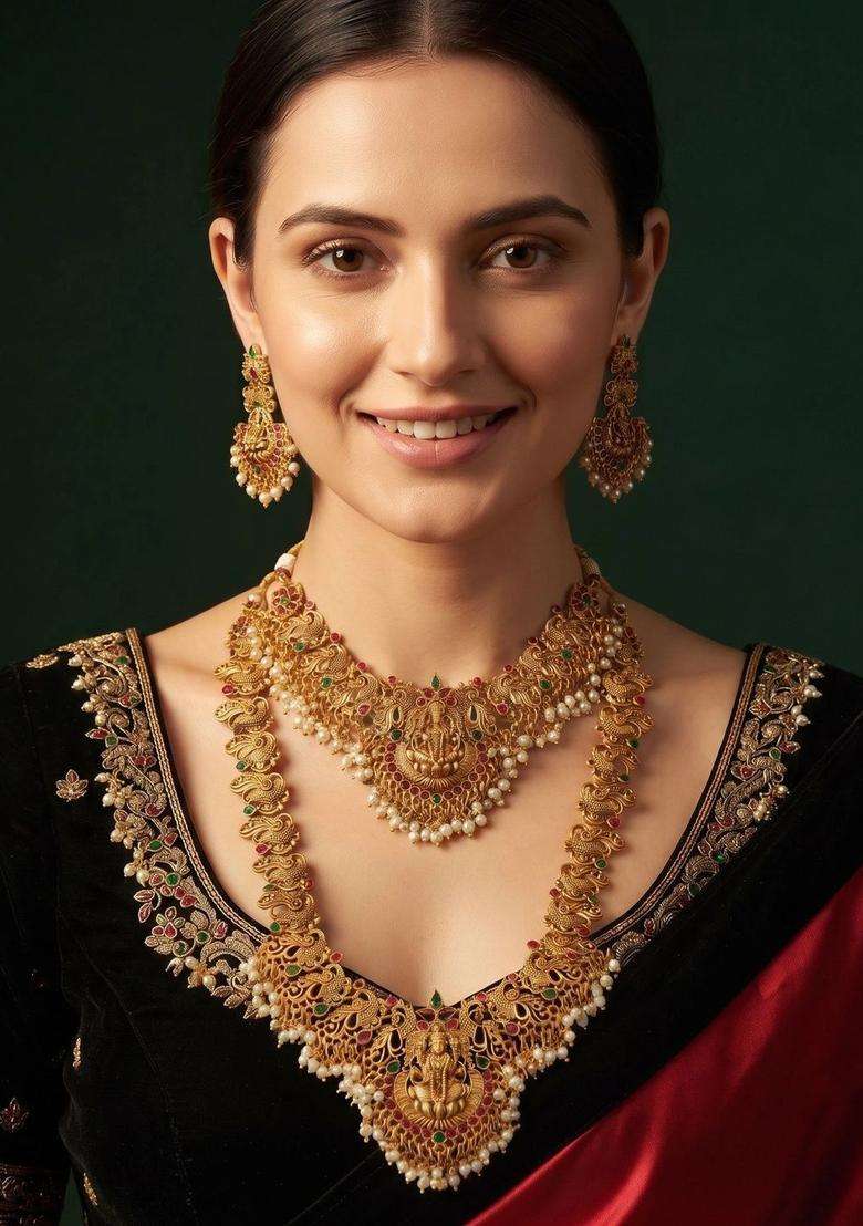 Gold-Plated Temple Pearl Necklace and Earrings for Women | Traditional Temple Jewellery for Wedding & Festive Wear | Gift for Her - Indya