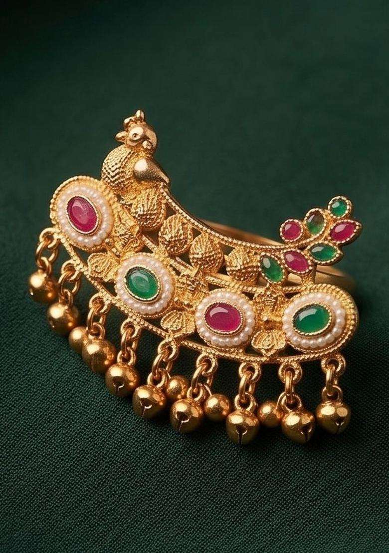 Gold-Plated Temple Beaded Finger Ring for Women | Traditional Temple Jewellery for Wedding & Festive Wear | Gift for Her - Indya