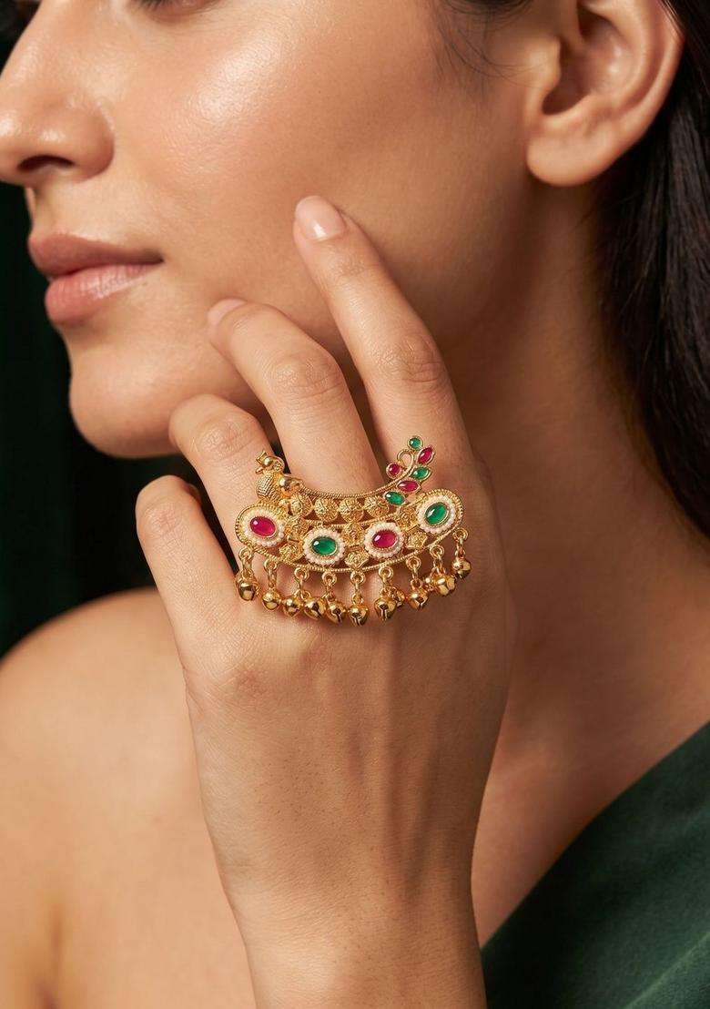 Gold-Plated Temple Beaded Finger Ring for Women | Traditional Temple Jewellery for Wedding & Festive Wear | Gift for Her - Indya