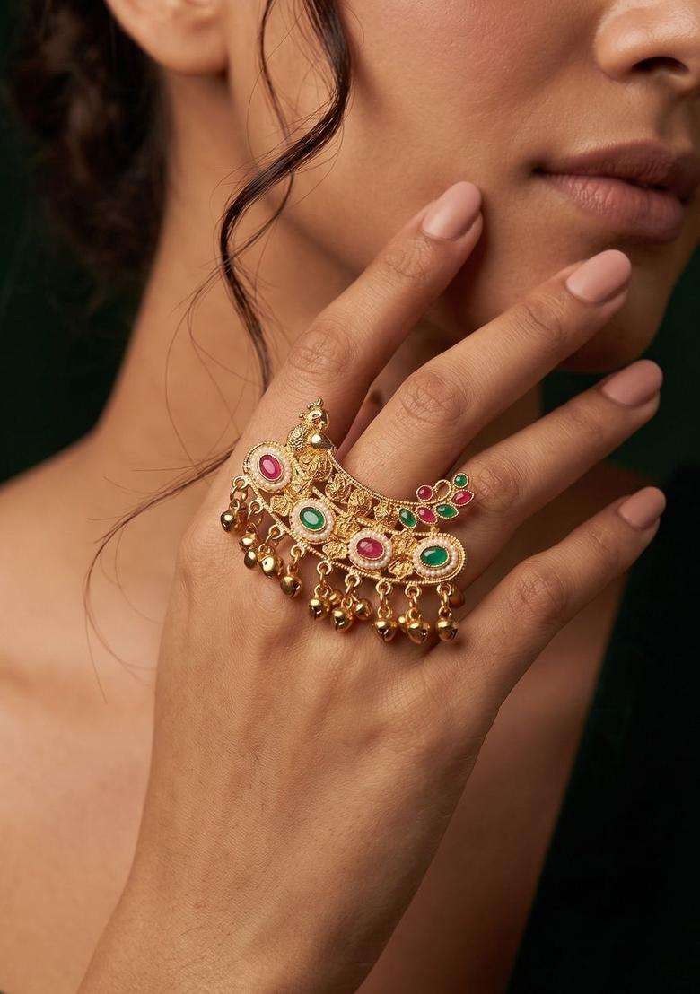 Gold-Plated Temple Beaded Finger Ring for Women | Traditional Temple Jewellery for Wedding & Festive Wear | Gift for Her - Indya
