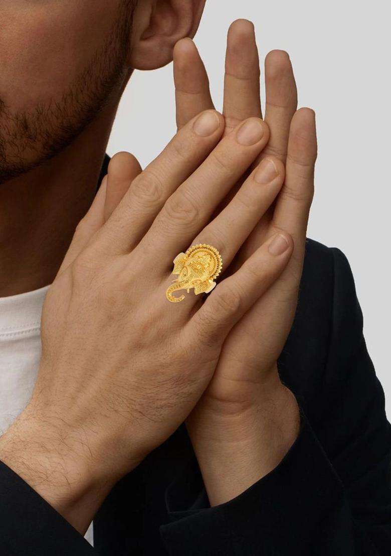Brass-Plated Temple Finger Ring for Men | Traditional Temple Jewellery for Wedding & Festive Wear | Gift for Him - Indya