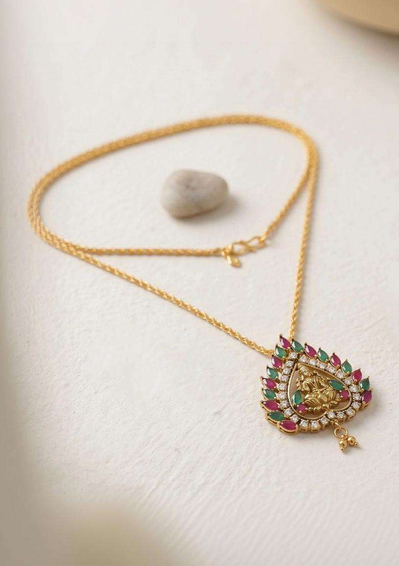 Gold-Plated Teardrop Shaped Pendants with Chains for Men & Women | Traditional Temple Jewellery for Wedding & Festive Wear | Festive Gift - Indya