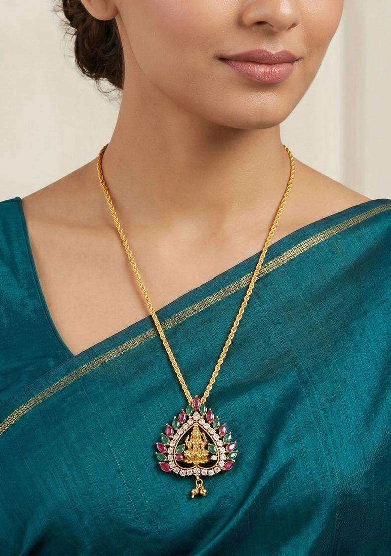 Gold-Plated Teardrop Shaped Pendants with Chains for Men & Women | Traditional Temple Jewellery for Wedding & Festive Wear | Festive Gift - Indya