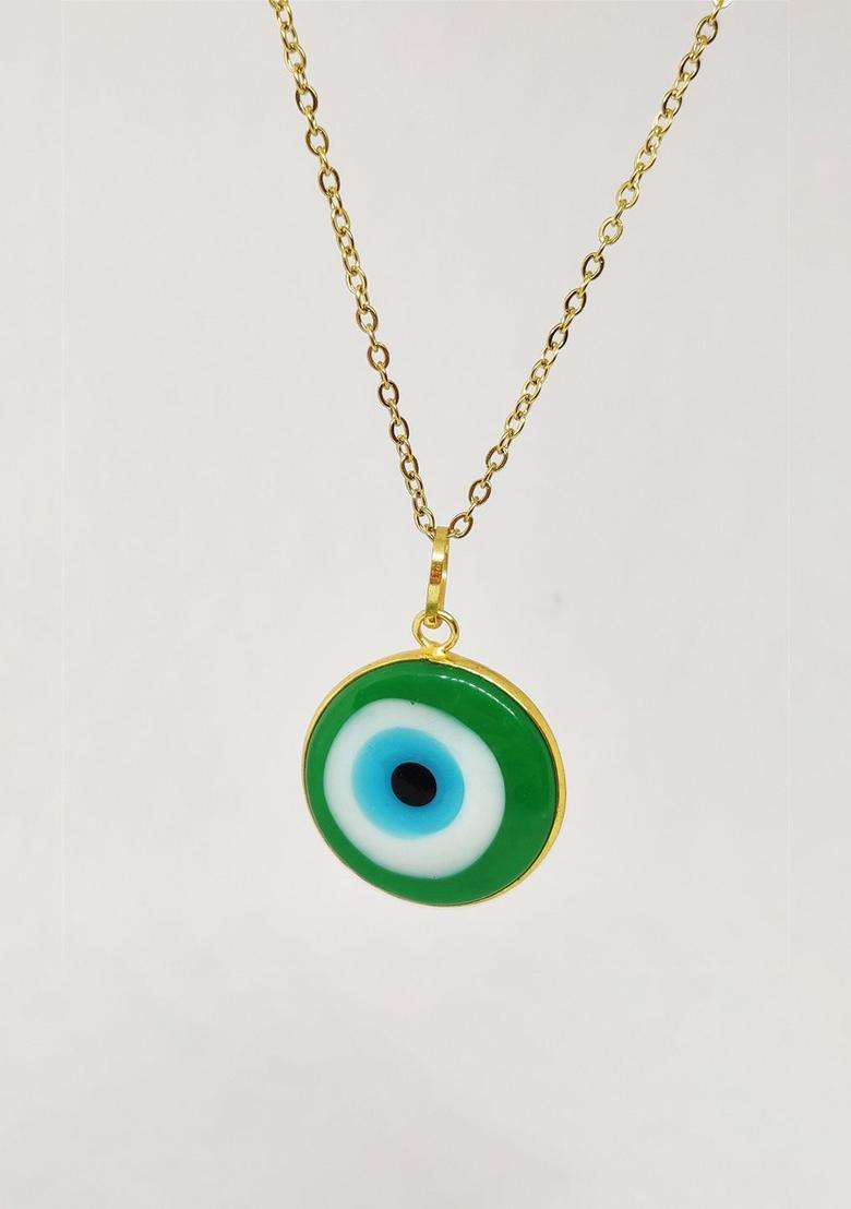 Gold-Toned Fluorescent Green Temple Evil Eye Necklace for Women | Stylish Party & Everyday Wear | Gift for Her - Indya