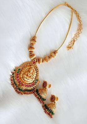 Gold-Plated Stone-Studded Godess Lakshmi Temple Necklace & Earrings for Women | Traditional Temple Jewellery for Wedding & Festive Wear | Gift for Her