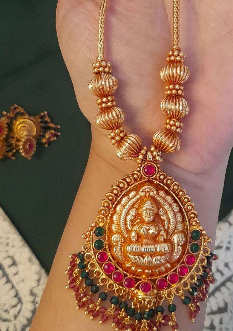 Gold-Plated Stone-Studded Godess Lakshmi Temple Necklace & Earrings for Women | Traditional Temple Jewellery for Wedding & Festive Wear | Gift for Her - Indya