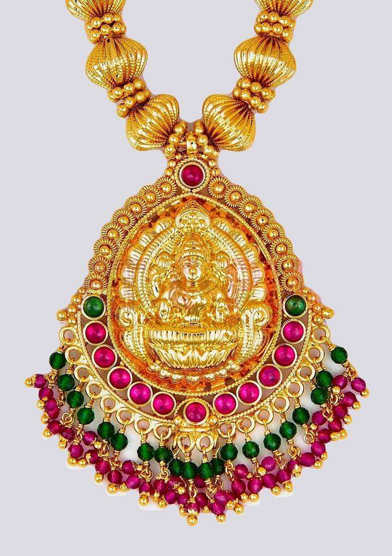 Gold-Plated Stone-Studded Godess Lakshmi Temple Necklace & Earrings for Women | Traditional Temple Jewellery for Wedding & Festive Wear | Gift for Her - Indya