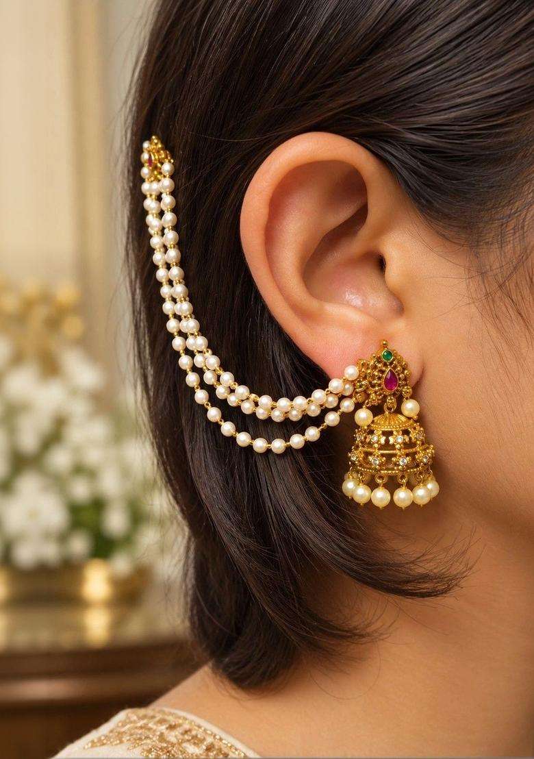 Gold-Plated Dome Shaped Jhumkas Earrings with CZ Stone for Women | Traditional Temple Jewellery for Wedding & Festive Wear | Gift for Her - Indya