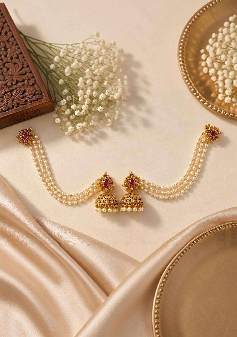 Gold-Plated Dome Shaped Jhumkas Earrings with CZ Stone for Women | Traditional Temple Jewellery for Wedding & Festive Wear | Gift for Her - Indya