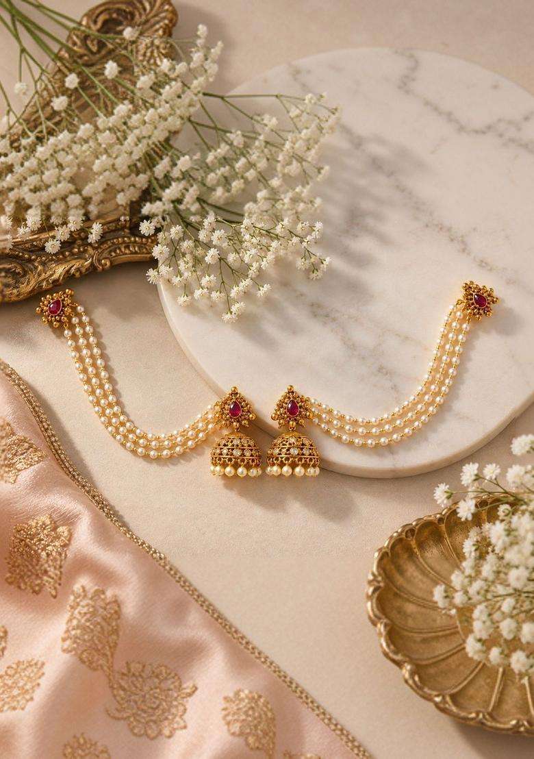 Gold-Plated Dome Shaped Jhumkas Earrings with CZ Stone for Women | Traditional Temple Jewellery for Wedding & Festive Wear | Gift for Her - Indya