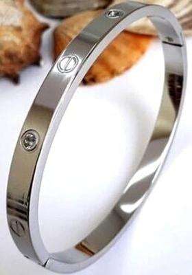 Stainless Steel Silver-Plated American Diamond Studded Bracelet for Men & Women | Stylish Party & Everyday Wear | Festive Gift