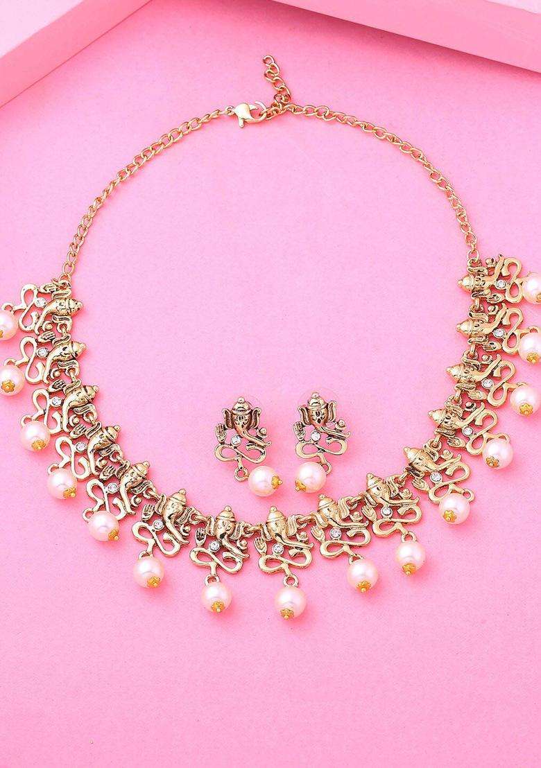 Gold-Plated Antique Divine Ganesh Choker Necklace Set with Pearls with Crystal for Women | Traditional Temple Jewellery for Wedding & Festive Wear | Gift for Her - Indya