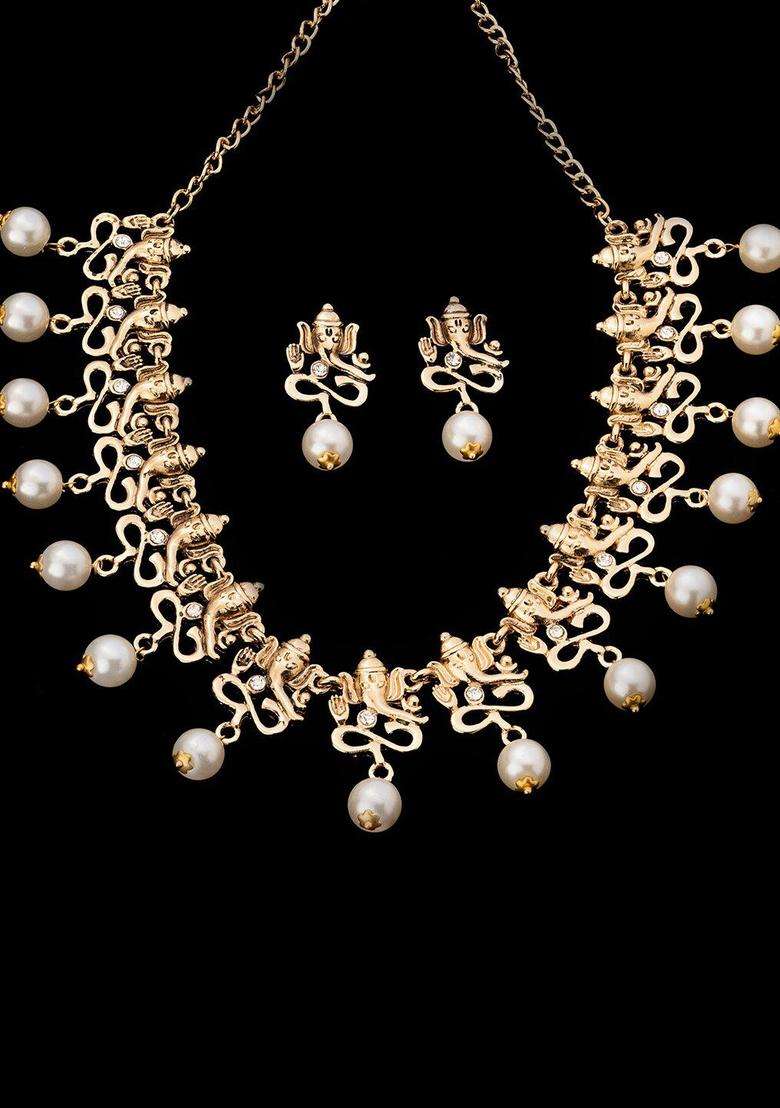 Gold-Plated Antique Divine Ganesh Choker Necklace Set with Pearls with Crystal for Women | Traditional Temple Jewellery for Wedding & Festive Wear | Gift for Her - Indya