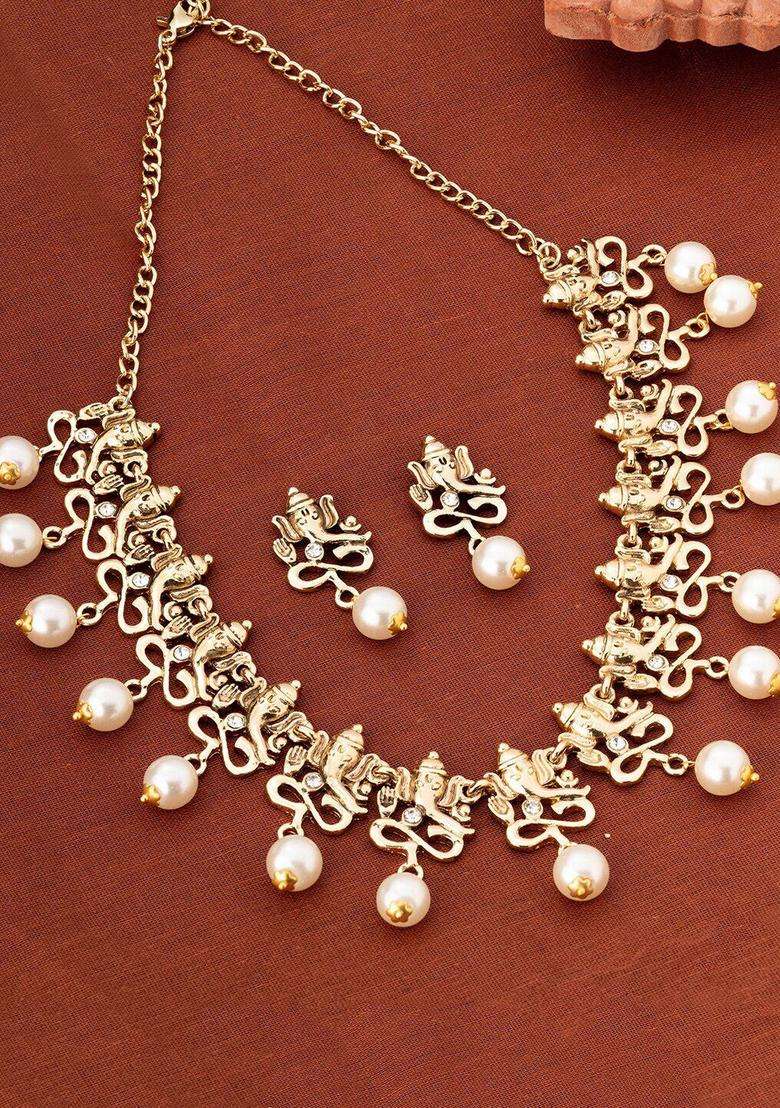 Gold-Plated Antique Divine Ganesh Choker Necklace Set with Pearls with Crystal for Women | Traditional Temple Jewellery for Wedding & Festive Wear | Gift for Her - Indya