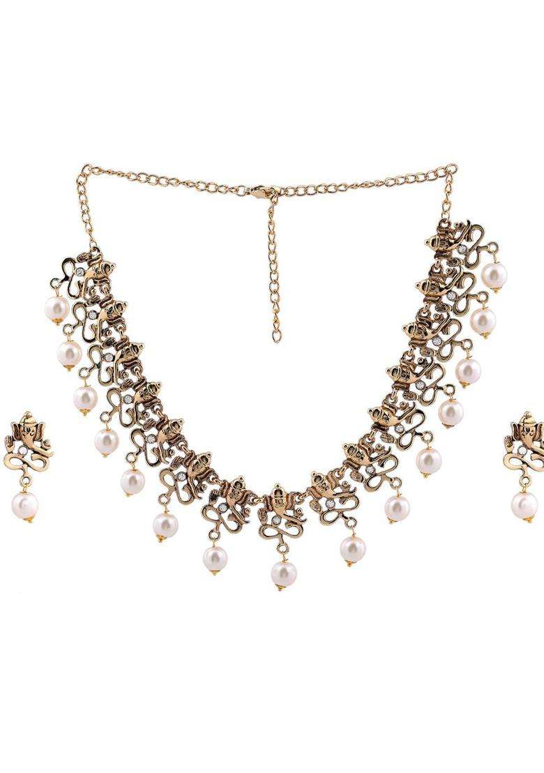 Gold-Plated Antique Divine Ganesh Choker Necklace Set with Pearls with Crystal for Women | Traditional Temple Jewellery for Wedding & Festive Wear | Gift for Her - Indya