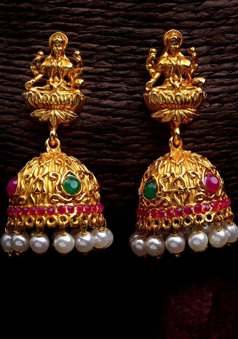 Gold-Plated Classic Jhumkas Earrings with Crystal for Women | Traditional Temple Jewellery for Wedding & Festive Wear | Gift for Her - Indya