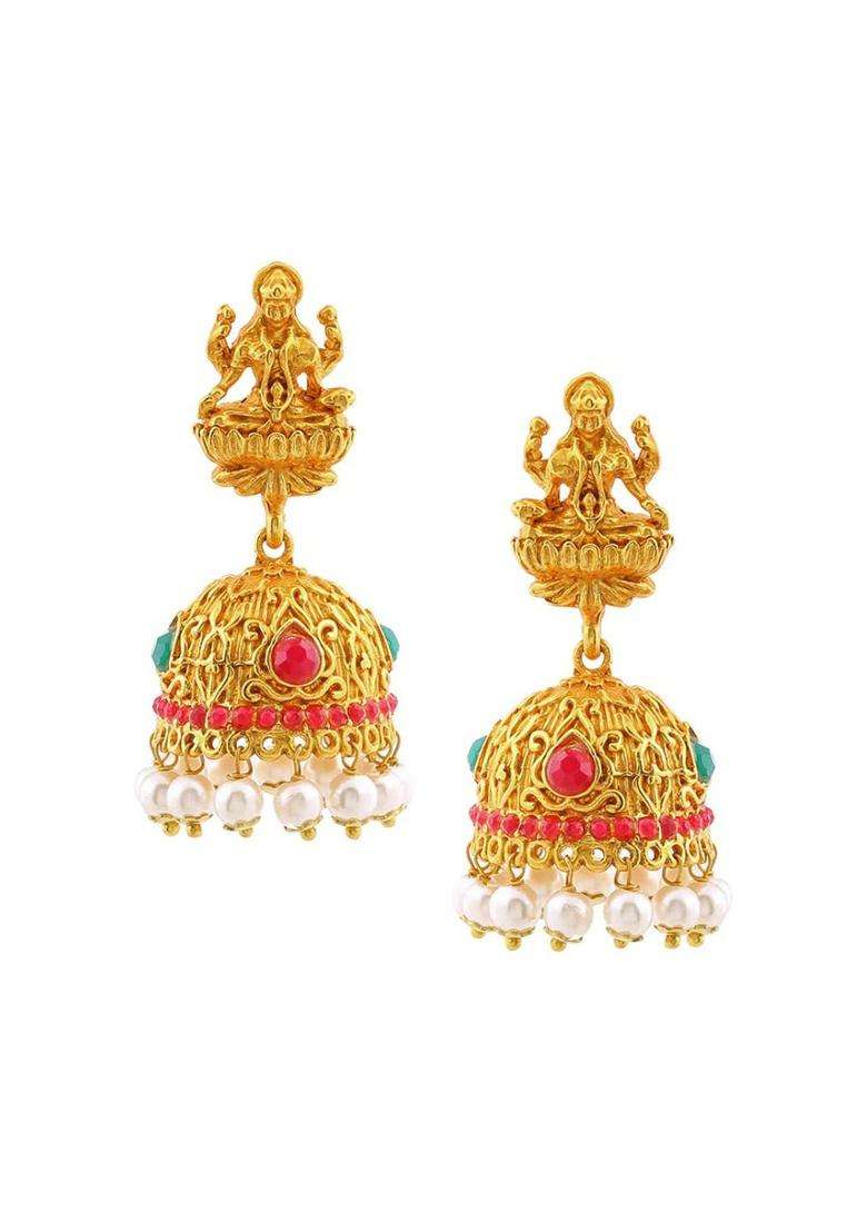 Gold-Plated Classic Jhumkas Earrings with Crystal for Women | Traditional Temple Jewellery for Wedding & Festive Wear | Gift for Her - Indya