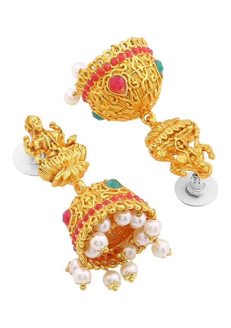 Gold-Plated Classic Jhumkas Earrings with Crystal for Women | Traditional Temple Jewellery for Wedding & Festive Wear | Gift for Her - Indya