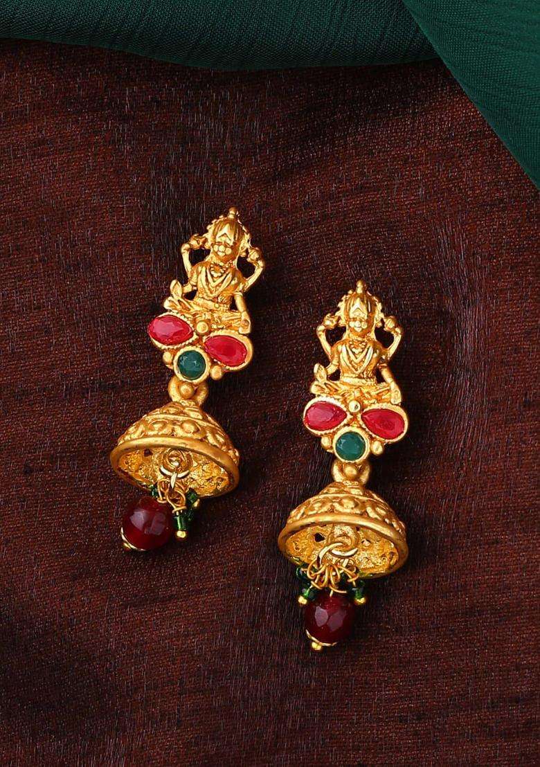 Gold-Plated Classic Jhumkas Earrings with Crystal for Women | Traditional Temple Jewellery for Wedding & Festive Wear | Gift for Her - Indya