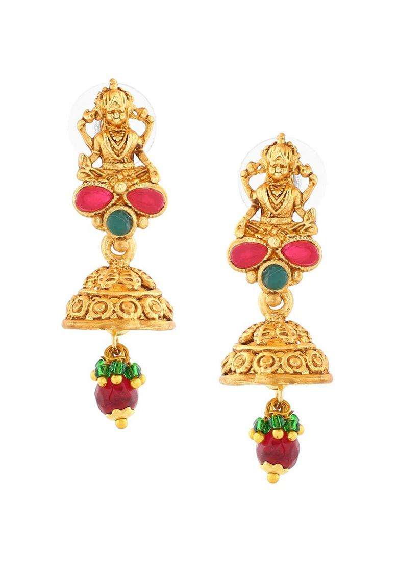 Gold-Plated Classic Jhumkas Earrings with Crystal for Women | Traditional Temple Jewellery for Wedding & Festive Wear | Gift for Her - Indya