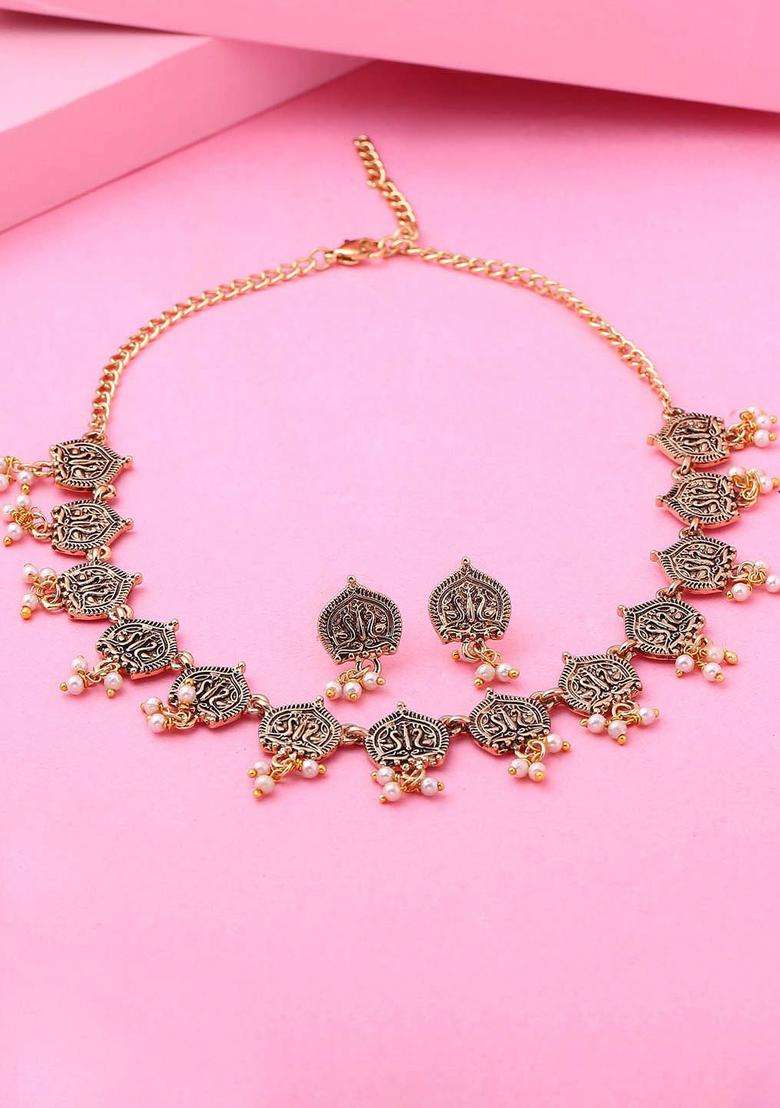 Gold-Plated Antique Traditional Choker Necklace Set with Pearls for Women | Traditional Temple Jewellery for Wedding & Festive Wear | Gift for Her - Indya