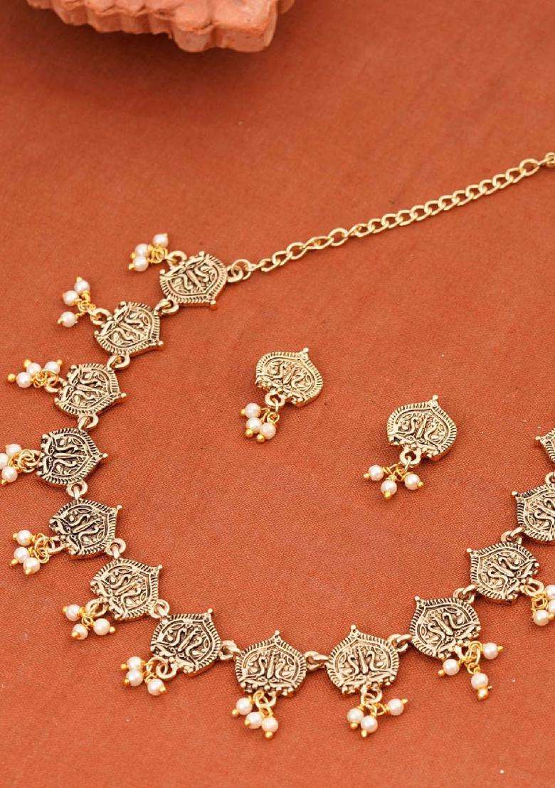 Gold-Plated Antique Traditional Choker Necklace Set with Pearls for Women | Traditional Temple Jewellery for Wedding & Festive Wear | Gift for Her - Indya