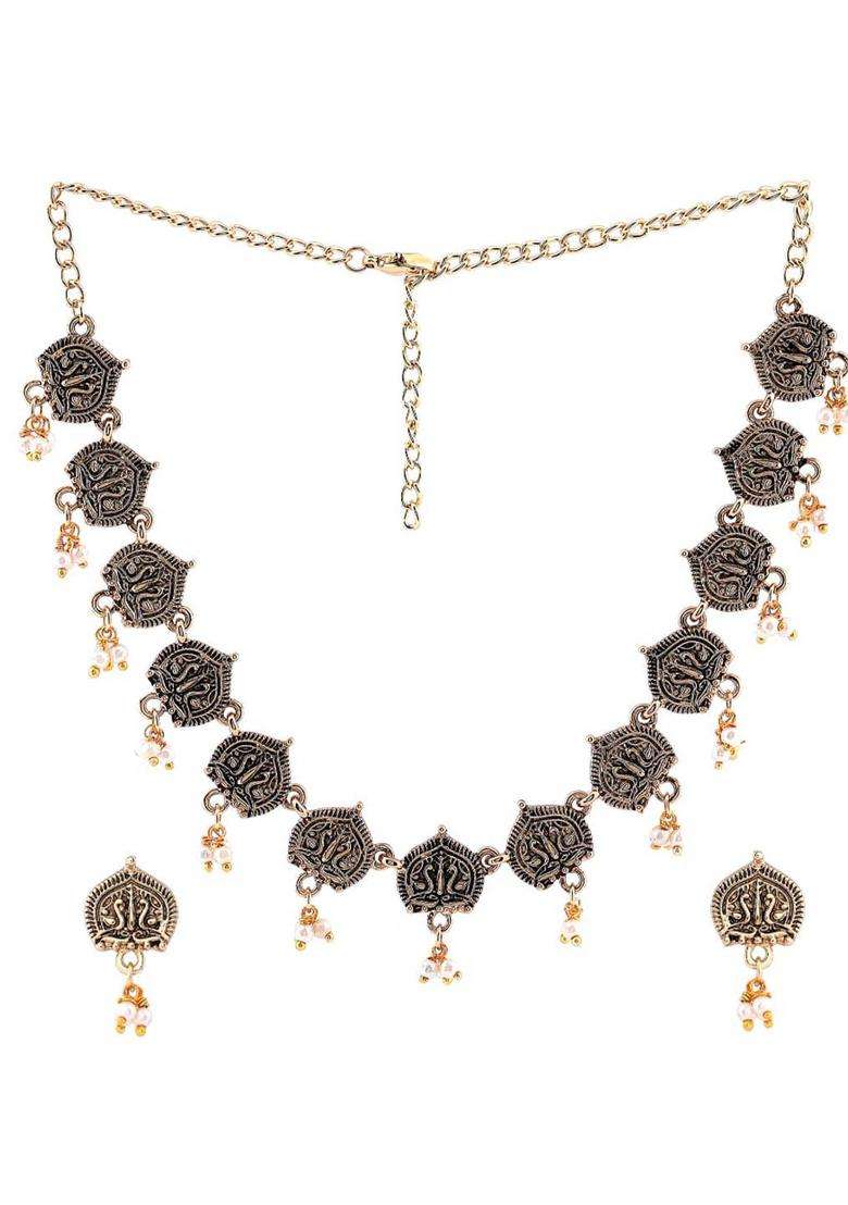 Gold-Plated Antique Traditional Choker Necklace Set with Pearls for Women | Traditional Temple Jewellery for Wedding & Festive Wear | Gift for Her - Indya