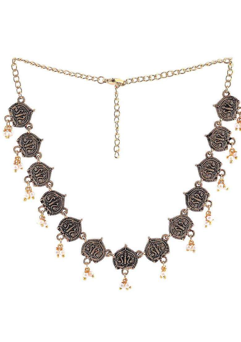 Gold-Plated Antique Traditional Choker Necklace Set with Pearls for Women | Traditional Temple Jewellery for Wedding & Festive Wear | Gift for Her - Indya