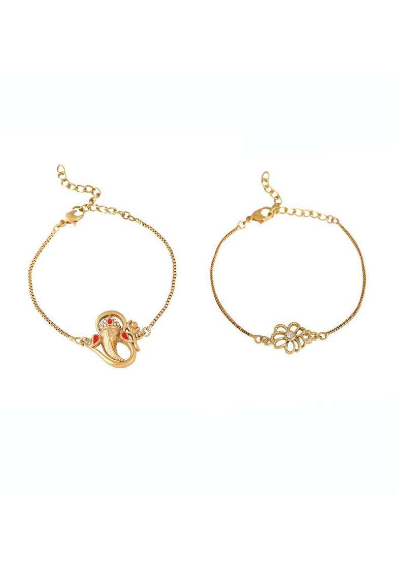Set of 2 Crystals Temple Gold-Plated Charm Bracelet for Women | Stylish Party & Everyday Wear | Gift for Her - Indya