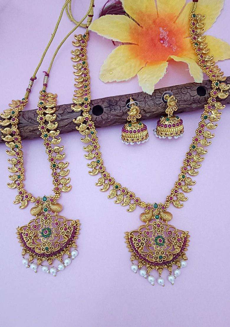 Set of 2 Gold-Plated CZ Studded & Beaded Paisley Style Pendant Bridal Jewellery Sets for Women | Traditional Temple Jewellery for Wedding & Festive Wear | Gift for Her - Indya