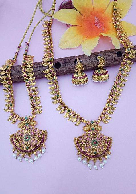 Set of 2 Gold-Plated CZ Studded & Beaded Paisley Style Pendant Bridal Jewellery Sets for Women | Traditional Temple Jewellery for Wedding & Festive Wear | Gift for Her