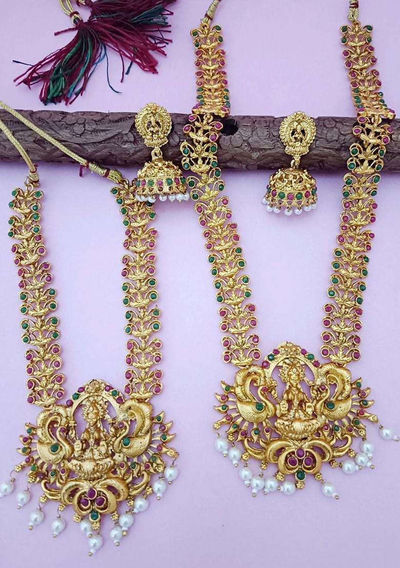 Set of 2 Gold-Plated CZ Studded & Beaded Lakshmi Peacock Pendant Bridal Jewellery Sets for Women | Traditional Temple Jewellery for Wedding & Festive Wear | Gift for Her - Indya
