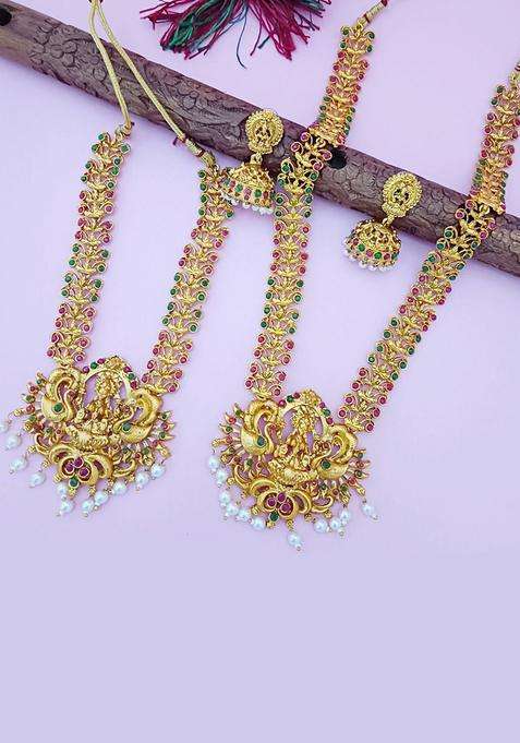 Set of 2 Gold-Plated CZ Studded & Beaded Lakshmi Peacock Pendant Bridal Jewellery Sets for Women | Traditional Temple Jewellery for Wedding & Festive Wear | Gift for Her