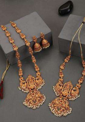 Set of 2 Gold-Plated Stones Studded & Beaded Lakshmi Pendant Bridal Jewellery Sets for Women | Traditional Temple Jewellery for Wedding & Festive Wear | Gift for Her