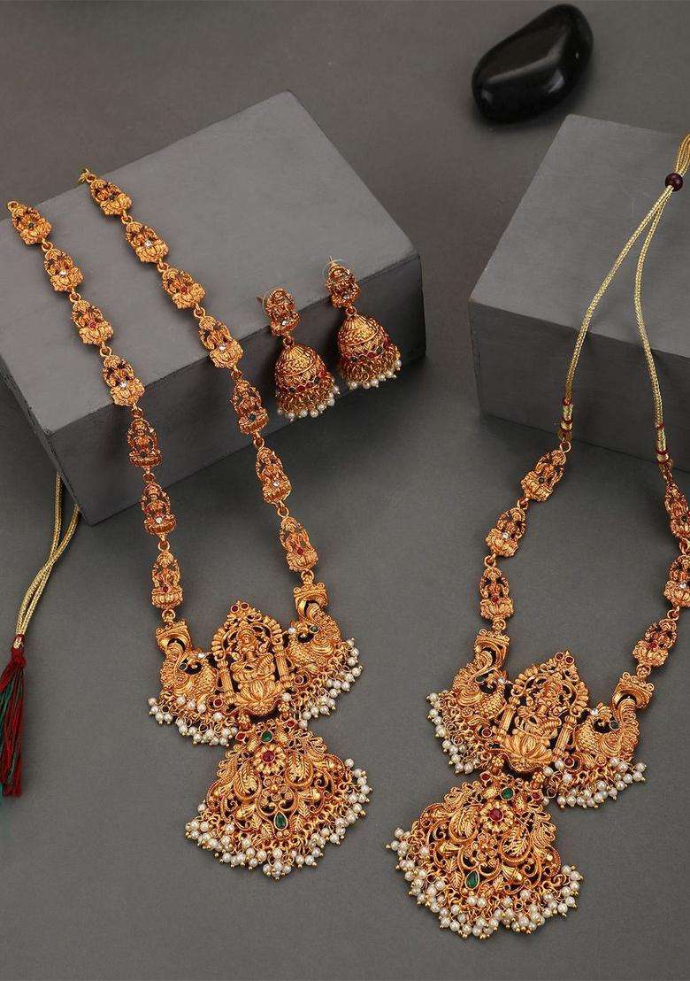 Set of 2 Gold-Plated Stones Studded & Beaded Lakshmi Pendant Bridal Jewellery Sets for Women | Traditional Temple Jewellery for Wedding & Festive Wear | Gift for Her - Indya