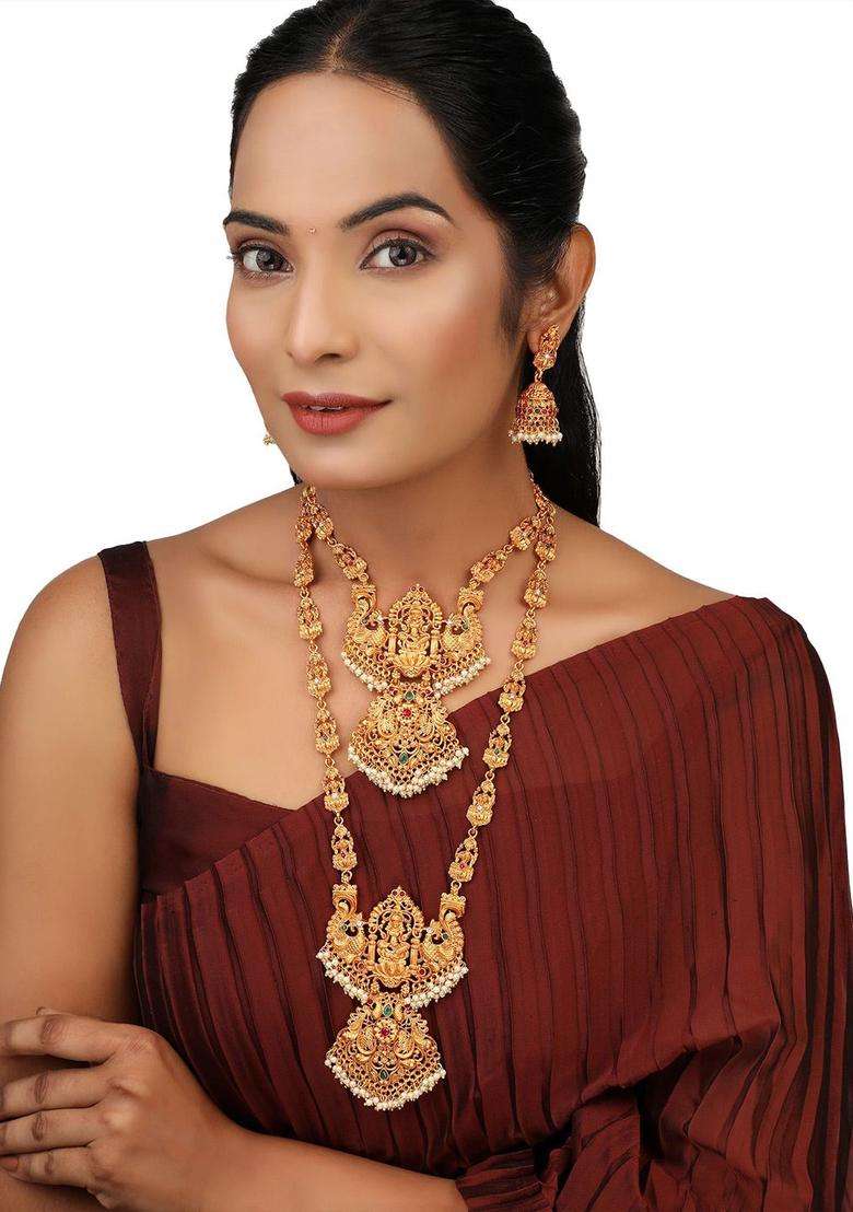 Set of 2 Gold-Plated Stones Studded & Beaded Lakshmi Pendant Bridal Jewellery Sets for Women | Traditional Temple Jewellery for Wedding & Festive Wear | Gift for Her - Indya