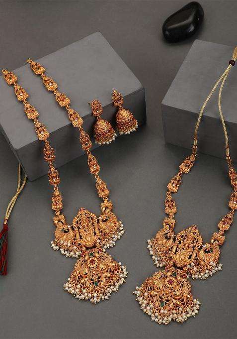 Set of 2 Gold-Plated Stones Studded & Beaded Lakshmi Pendant Bridal Jewellery Sets for Women | Traditional Temple Jewellery for Wedding & Festive Wear | Gift for Her
