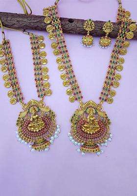 Set of 2 Gold-Plated CZ Studded & Beaded Lakshmi Pendant Coin Bridal Jewellery Sets for Women | Traditional Temple Jewellery for Wedding & Festive Wear | Gift for Her