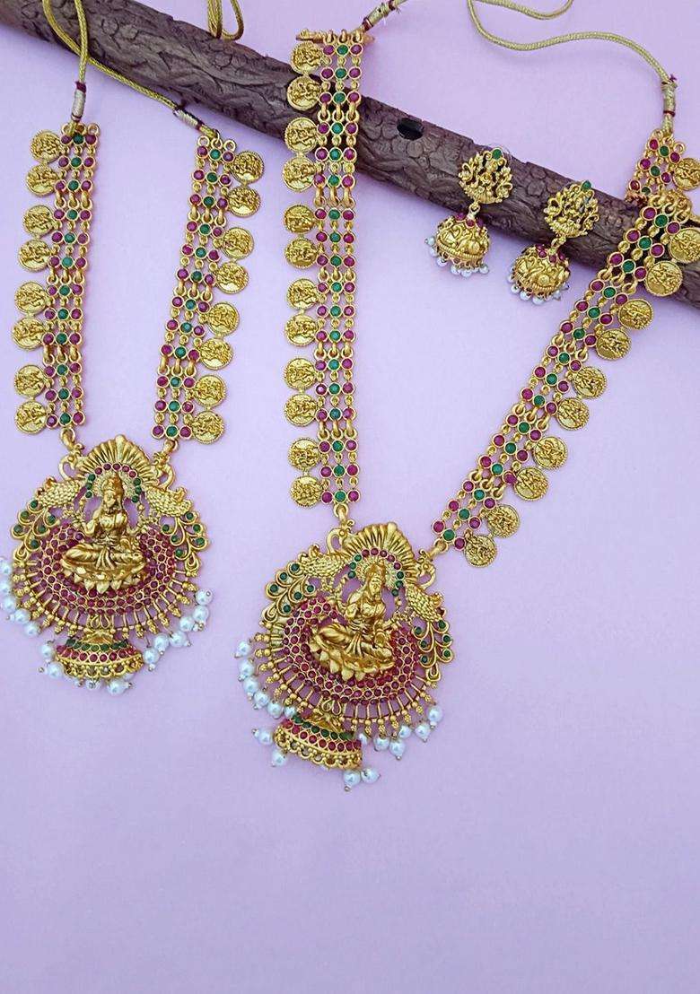 Set of 2 Gold-Plated CZ Studded & Beaded Lakshmi Pendant Coin Bridal Jewellery Sets for Women | Traditional Temple Jewellery for Wedding & Festive Wear | Gift for Her - Indya