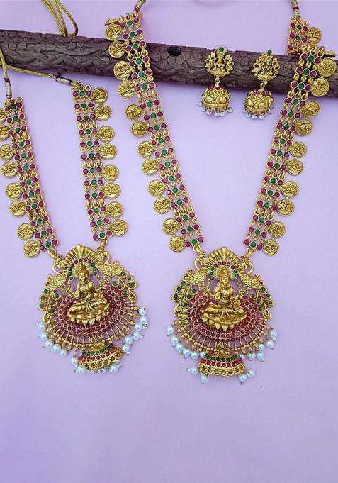 Set of 2 Gold-Plated CZ Studded & Beaded Lakshmi Pendant Coin Bridal Jewellery Sets for Women | Traditional Temple Jewellery for Wedding & Festive Wear | Gift for Her