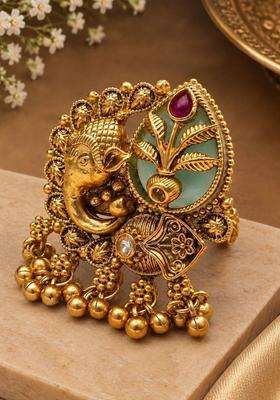 Gold Kashmiri Ring - Ganesh Heritage Rajwadi Design with Ghungroo for Women | Traditional Temple Jewellery for Wedding & Festive Wear | Gift for Her