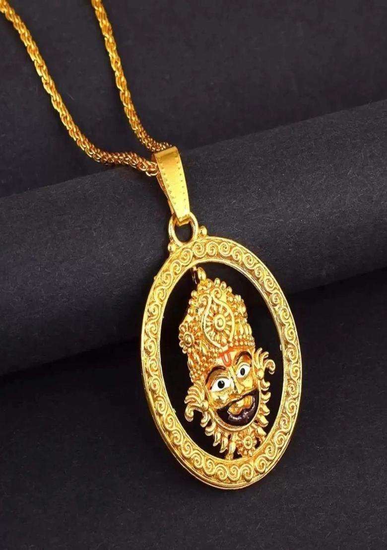 Gold-Plated Oval Pendants with Chains for Men | Traditional Temple Jewellery for Wedding & Festive Wear | Gift for Him - Indya