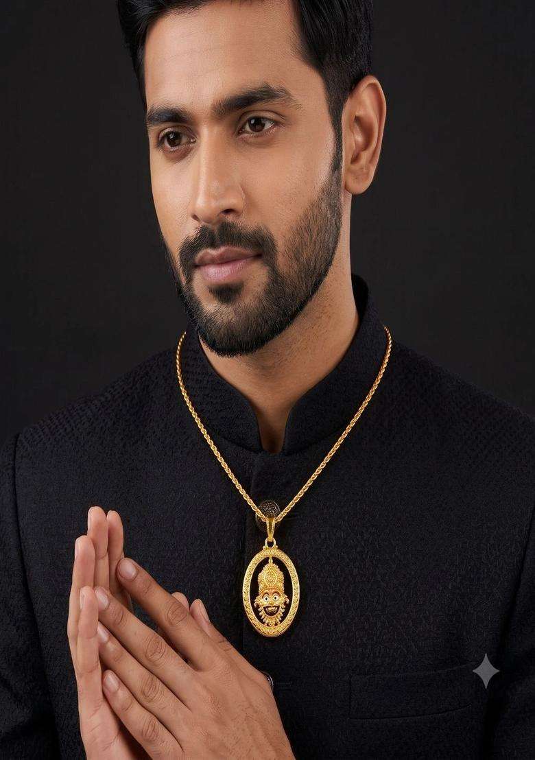 Gold-Plated Oval Pendants with Chains for Men | Traditional Temple Jewellery for Wedding & Festive Wear | Gift for Him - Indya