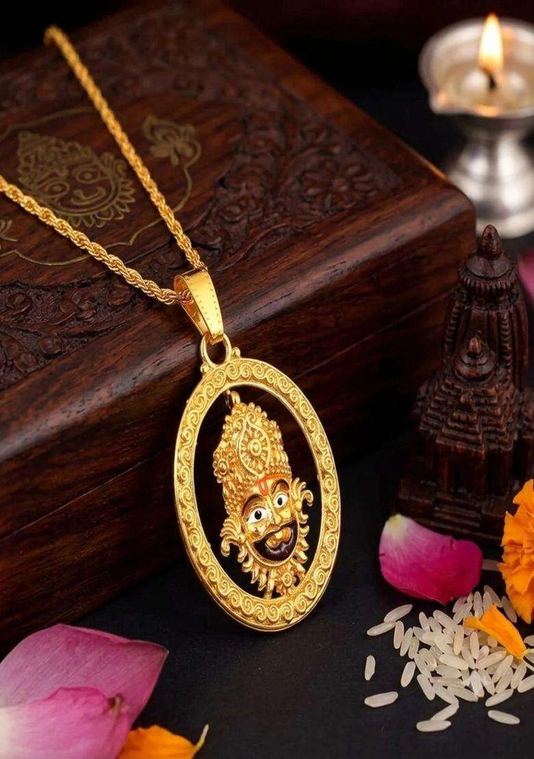 Gold-Plated Oval Pendants with Chains for Men | Traditional Temple Jewellery for Wedding & Festive Wear | Gift for Him - Indya