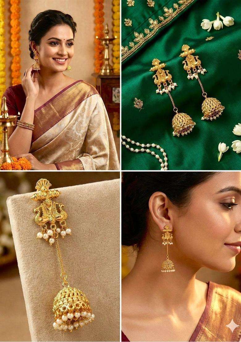 Gold-Plated Peacock Shaped Jhumkas Earrings for Women | Traditional Temple Jewellery for Wedding & Festive Wear | Gift for Her - Indya