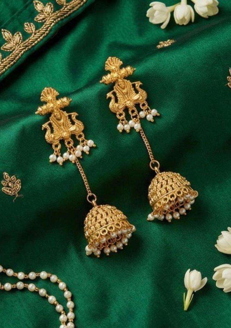 Gold-Plated Peacock Shaped Jhumkas Earrings for Women | Traditional Temple Jewellery for Wedding & Festive Wear | Gift for Her - Indya