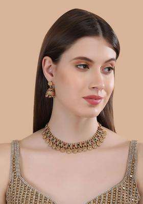Gold-Plated Artificial Stones Studded & Beaded Jewellery Set for Women | Traditional Temple Jewellery for Wedding & Festive Wear | Gift for Her